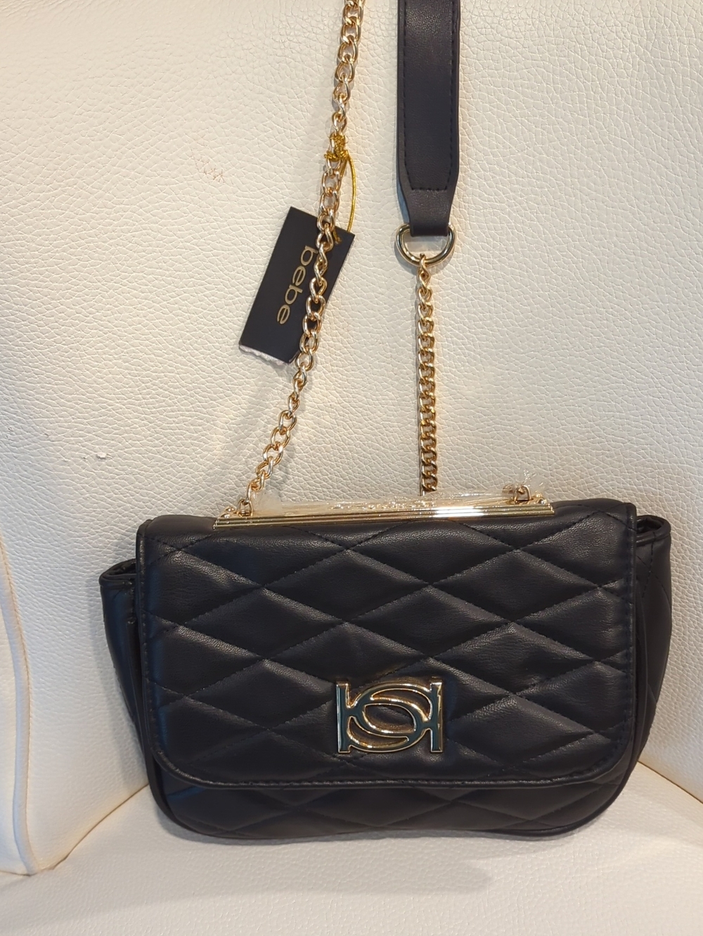 bebe Black Quilted Crossbody Bag with Gold Chain